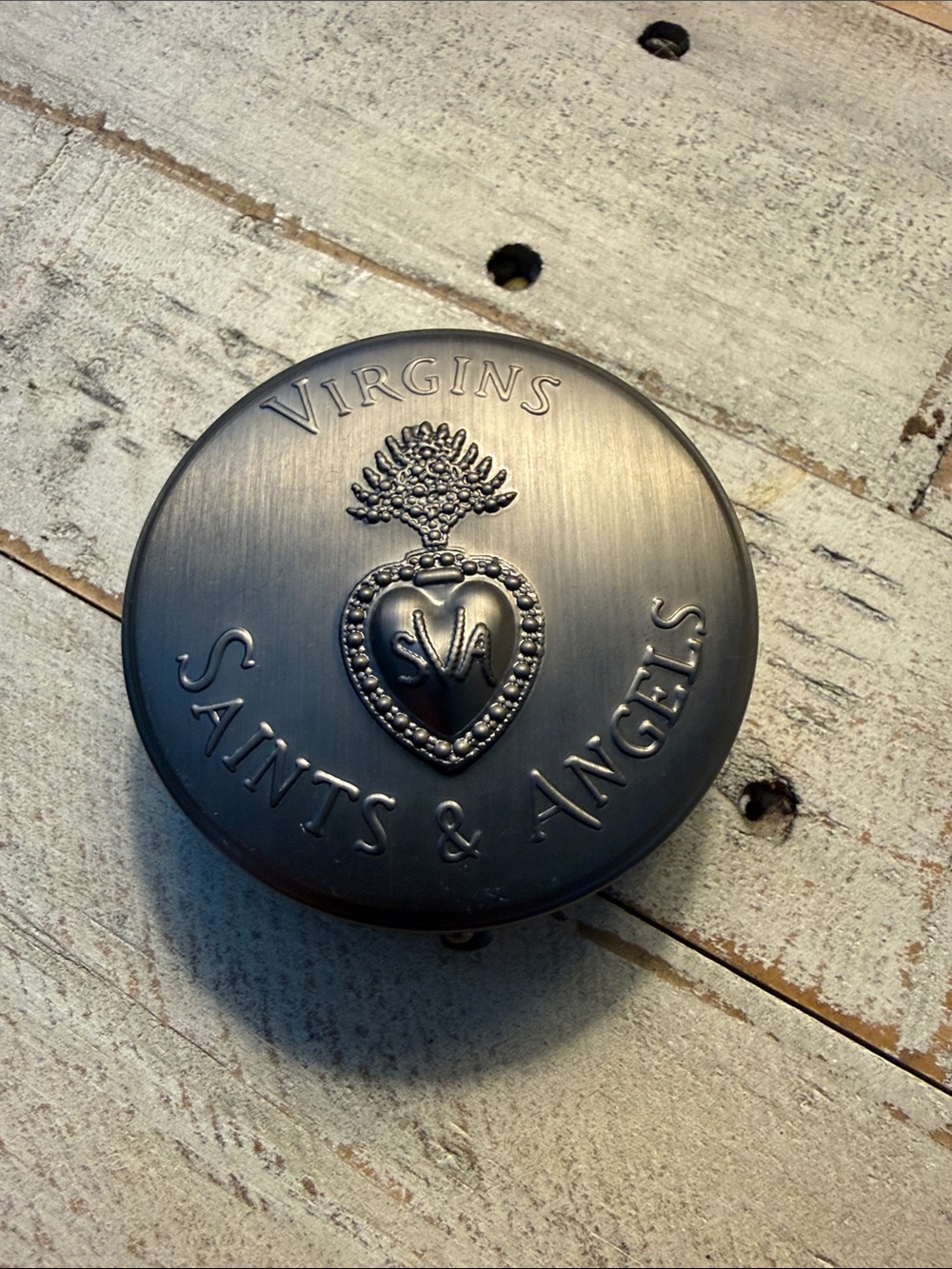Virgins Saints & Angels Branded Round Compact - Gunmetal w/Mirror Inside